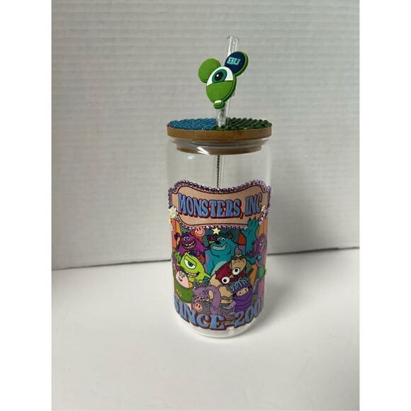 Monsters beer can shaped glass cup with straw topper - Picture 1 of 6